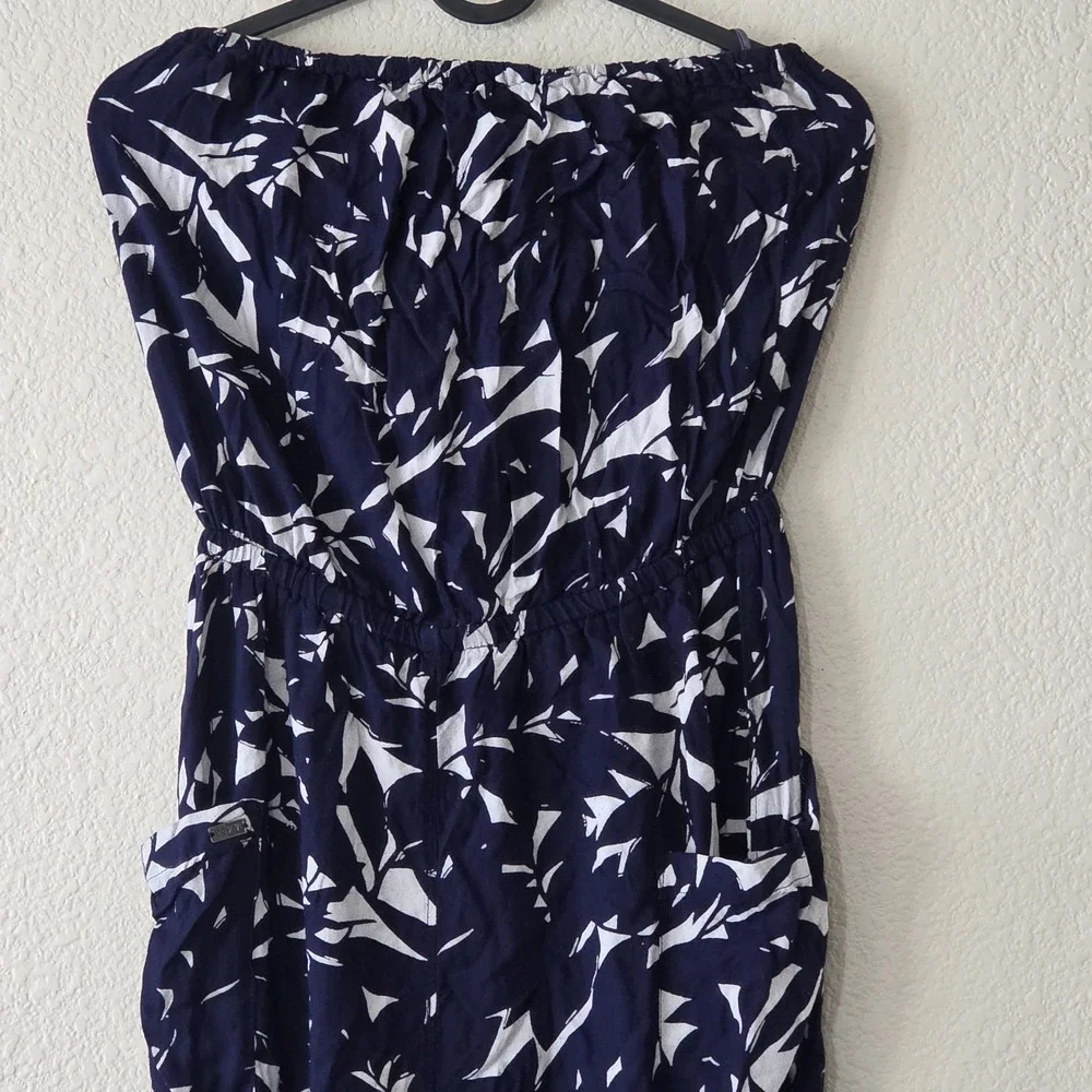 Roxy Women's Navy White Tropical One-Piece Jumpsuit Pantsuit Tube Top Size Small